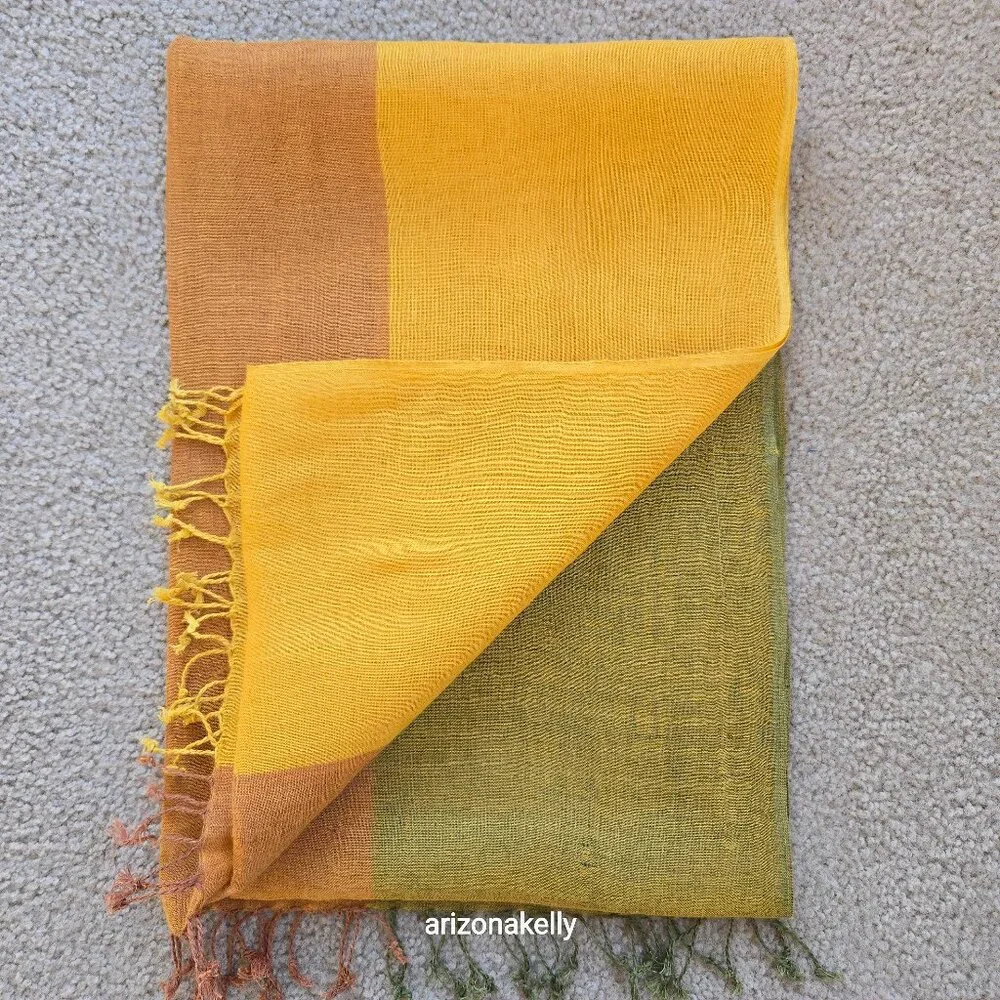 Mila Schon Linen Scarf Yellow Green Brown Earth Tones